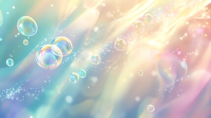 Serene underwater realm with translucent bubbles in various colors, rising against a soft, pastel-colored anime backdrop with gentle light rays and waves