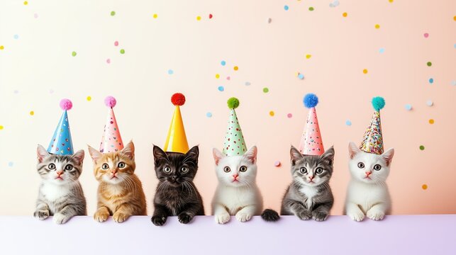 Happy cats wearing party hats and costumes, perfect for any occasion that calls for a fun, joyful, and lively atmosphere.