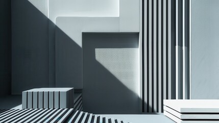 Obraz premium A striking arrangement of geometric shapes showcasing light and shadow in a minimalist modern interior