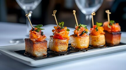 Exquisite plate of tapas showcasing a variety of small bites and flavors, Spanish cuisine, culinary adventure, sharing plates, social dining, vibrant flavors,