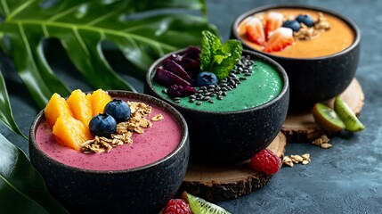 Artistic arrangement of colorful smoothie bowls adorned with fresh fruits and granola, healthy breakfast, superfood indulgence, vibrant nourishment, tropical bliss, wellness delight,