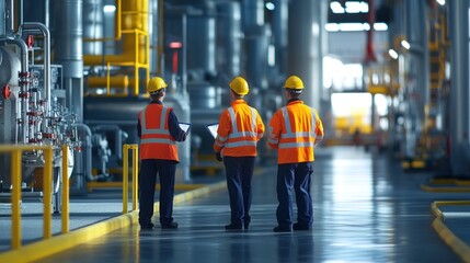 Generate a photo realistic image of safety officers conducting a risk assessment in the workplace, with risk assessment tools, hazard identification, and risk mitigation strategies visible