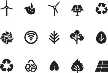 A minimalist vector icon set featuring a wind turbine, solar panel, eco-friendly, and leaf .icons in black and white style with isolated on white