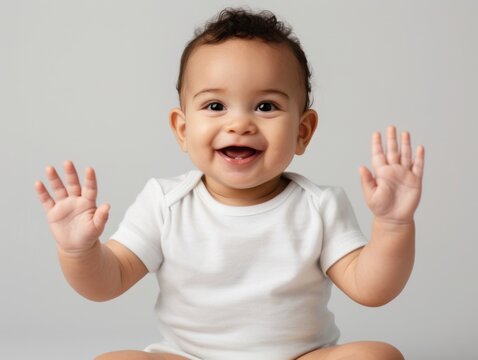 Adorable Baby Sitting Up, Smiling, and Waving Hands with Joy