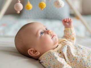 Adorable baby mesmerized by colorful mobile hanging above while lying on back