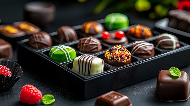 Artistic display of handcrafted chocolates in a variety of shapes and flavors, chocolatier's creations, confectionery art, luxury indulgence, sweet temptation, 