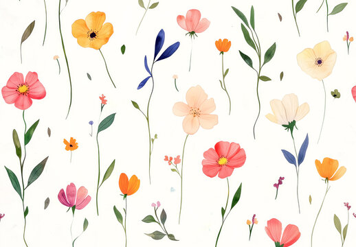 Vibrant watercolor wildflowers dance on a pristine white canvas, a minimalist bouquet of color.