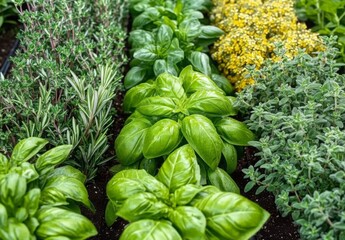 A thriving herb garden with various plants like basil, rosemary, and thyme growing in neat rows