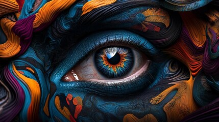 A detailed and colorful close up of an eye with abstract and vibrant patterns surrounding it