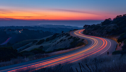 A long exposure photo of a highway at sunset, with light trails from cars creating streaks across the horizon. The road leads into the distance, with hills in the background, evoking a sense of speed.