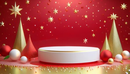 Beautiful red minimal pedestal podium, for cosmetic product presentation and celebration, 3d rendering illustration.