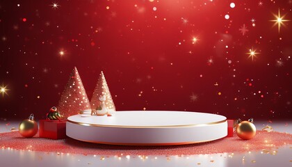 Beautiful red minimal pedestal podium, for cosmetic product presentation and celebration, 3d rendering illustration.