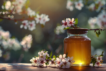 Jar of Honey with Blossoming Flowers in Sunlight

