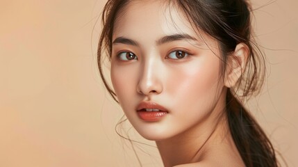 Fototapeta premium Asian women are beautiful and have smooth facial skin. And there is skin care to smooth out wrinkles around the eyes.