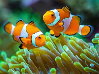 Fototapeta premium Close-up macro shot of a pair of clownfish swimming through anemone tentacles, with their vivid orange and white stripes contrasting against the dark green background