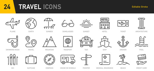 Travel and tourism web icons in line style. Airplane, trip, beach, passport, luggage, camping, hotel, summer vacations, collection. Vector illustration.