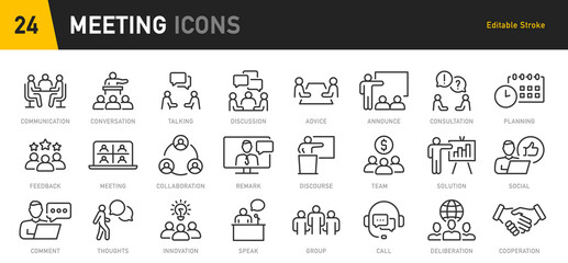 Meeting web icon set in line style. Conference, team, brainstorm, seminar, interview, collection. Vector illustration.