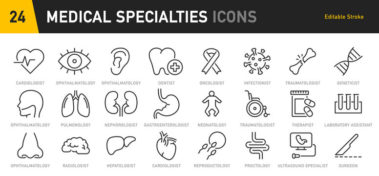 Medical Specialties web icons in line style. Medicine, RX, doctor, virus, testing, lab, scientific discovery, infographic collection. Vector illustration.