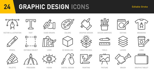 Graphic design web icons in line style. Icons for graphic designer, creative package, stationary, software, creativity, tools, drawing, collection. Vector illustration.