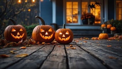 Fototapeta premium Halloween background with pumpkins on porch