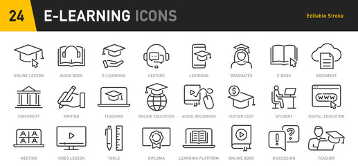 E-learning web icon set in line style. E-book, video tutorial, mentor, distance learning, video and audio courses, collection. Vector illustration.
