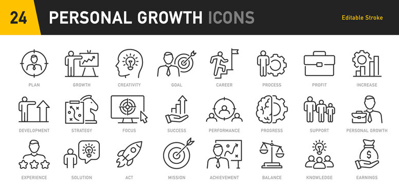 Personal growth web icons in line style. Growth profit, career progress, business people, strategy, coaching, tutorship, collection. Vector illustration.