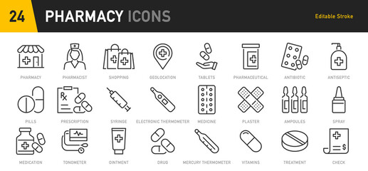 Pharmacy web icon set in line style. Medical preparations, equipment, drug, pills, health, pharmacist, masks, collection. Vector illustration.