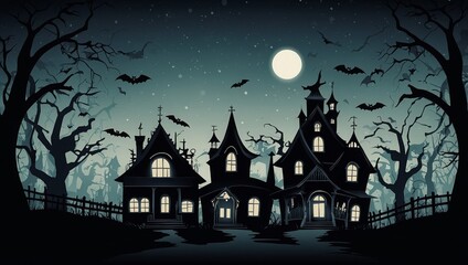 Halloween background with simplified outlines of haunted houses, using minimal details and a monochromatic color scheme