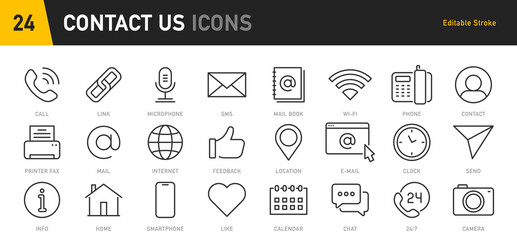 Contact Us web icons in line style. Web and mobile icon. Chat, point, chat, support, message, phone, globe, call, info collection. Vector illustration.