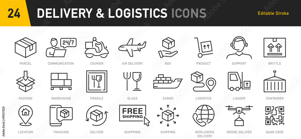 Wall mural Delivery and logistics web icons in line style. Courier, shipping, express delivery, warehouse, truck, scooter, container, tracking order, support, business collection. Vector illustration.