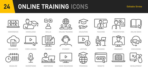 Online Training web icons in line style. Education, seminar, online test, webinar, course, distance learning collection. Vector illustration.