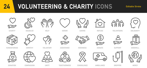 Volunteering and charity web icons in line style. Donate, donor, doctor, care, help, support, collection. Vector illustration.