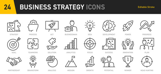 Business Strategy web icon in line style. Srtategy, startup, teamwork, people, plan, payment, management, target, employee, infographic. Icon collection. Vector illustration.
