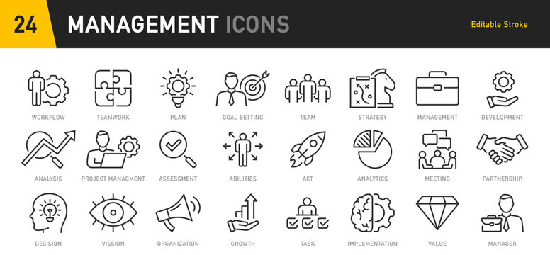 Management web icons in line style. Media, teamwork, business, planning, strategy, marketing collection. Vector illustration.