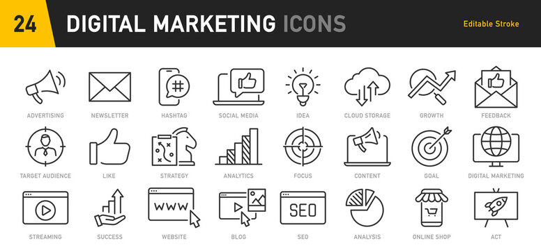 Digital Marketing web icon in line style. Social, networks, feedback, communication, marketing, content, analysis, ecommerce collection. Vector illustration.
