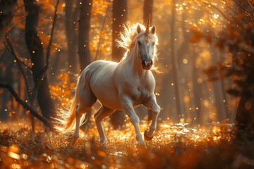 white unicorn with golden mane and tail runs freely in an autumn forest, illuminated by soft glow of enchanted lights. This captivating scene embodies magic and allure of legendary tales.