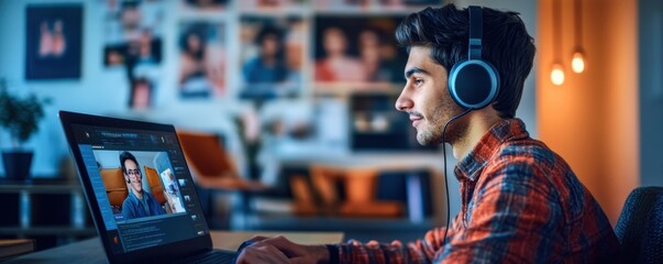 Obraz premium Modern Distant Learning: University Student in Virtual Class with Futuristic Fusion Home Study Background