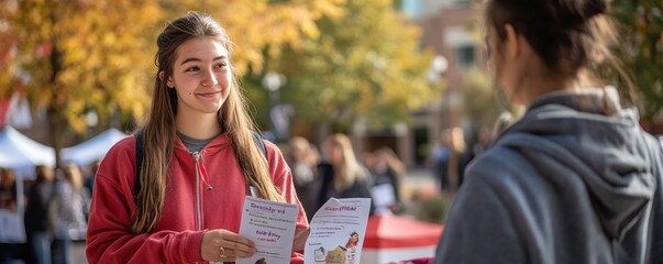 Responsible Student Volunteer Distributing Flyers in University Town Square - Selective Focus with Whimsical Overlay Background