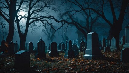 Halloween graveyard with tombstones at night misty forest background