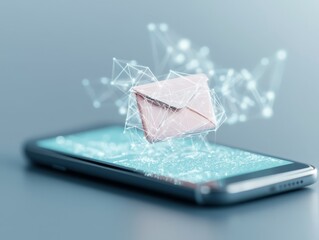 A futuristic digital envelope icon hovering above a smartphone screen, symbolizing online communication, email, and technology..