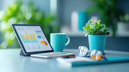 Businesswoman analyzing financial data on a digital tablet, sleek modern office, focused on business success and growth, High dept of field