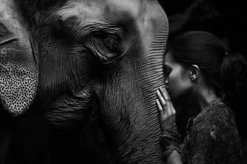 Powerful black and white image capturing an intimate bond between a human and an elephant in a tender close contact.