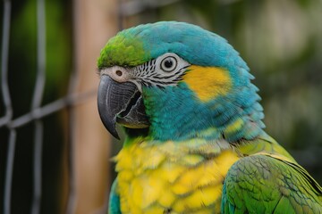 Obraz premium A vibrant parrot with yellow, green, and blue feathers facing the camera, showcasing its exotic appearance.