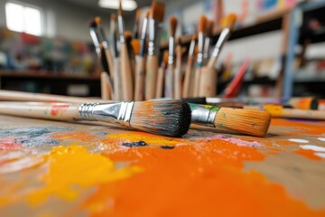 Fototapeta premium Creative Exploration: Classroom Art Station with Paints, Brushes, and Dot-Themed Projects