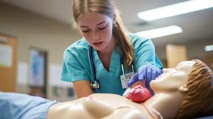 Dedicated Medical Student Practicing CPR Technique on Mannequin in Profile View