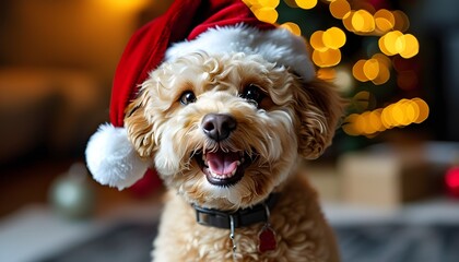 A cute dog wearing a Christmas hat, smiling all over the face, with a Christmas tree and warm lights in the background.