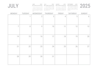 July Calendar 2025 Monthly Planner Printable A4 Monday Start	