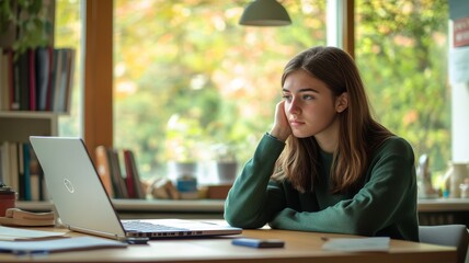 Obraz premium Senior Student Deep in Thought Studying with Laptop in Natural Light from Window