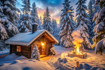 Fototapeta premium Steamy wooden cabin surrounded by snow-covered trees, hot coals glowing in the stove, lantern lighting the tranquil Finnish sauna atmosphere, winter wonderland ambiance.