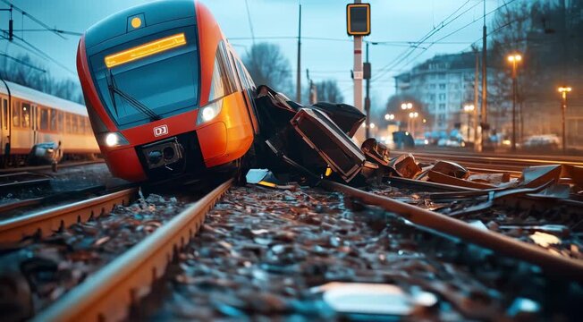 A derailed train with the front car tilted and surrounded by debris on urban railroad tracks, with another train on a parallel track and city buildings in the background.